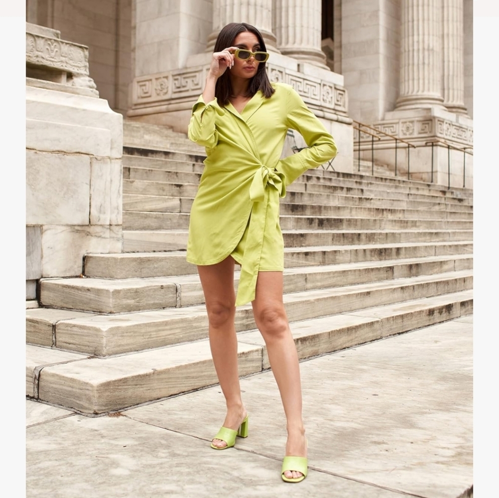 NWT The Drop Lime Green Wrap Mini Dress Long Sleeve Tie Waist Spring Vacation XL